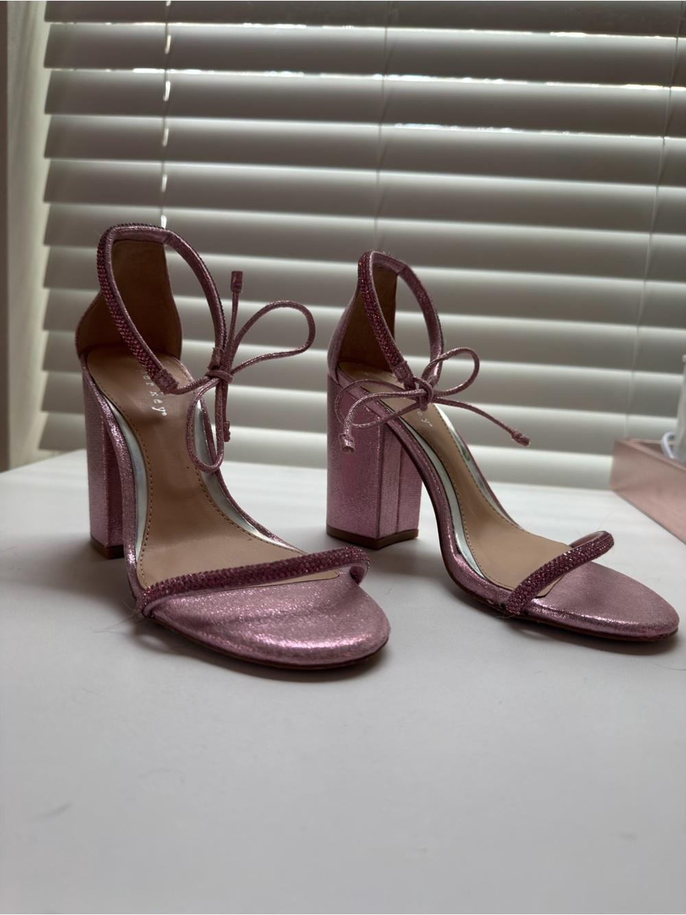 Copper Key Pink Metallic Block Heel Sandals with Ankle Tie